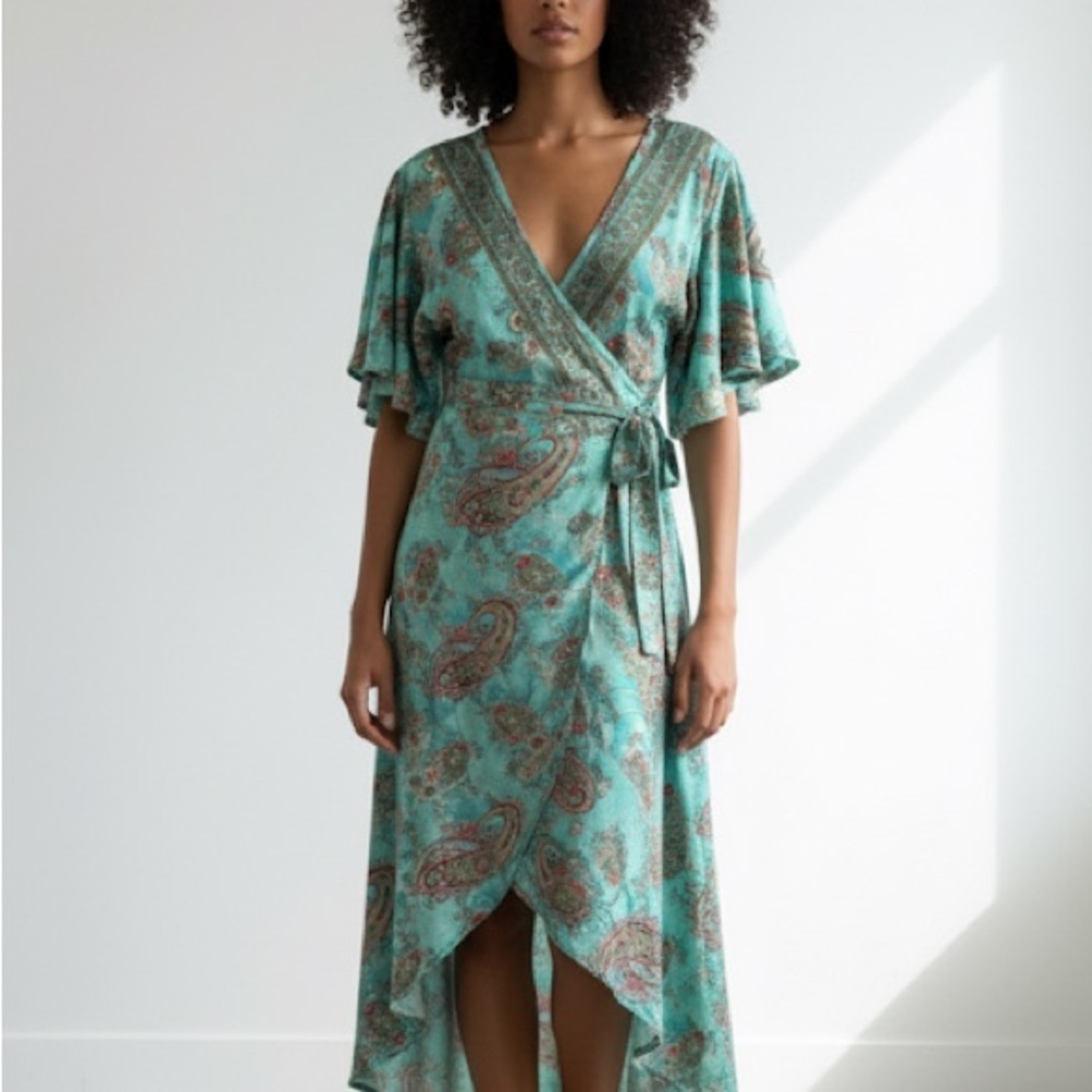 Lemonwood turquoise paisley print silk wrap midi dress - size Small / Medium